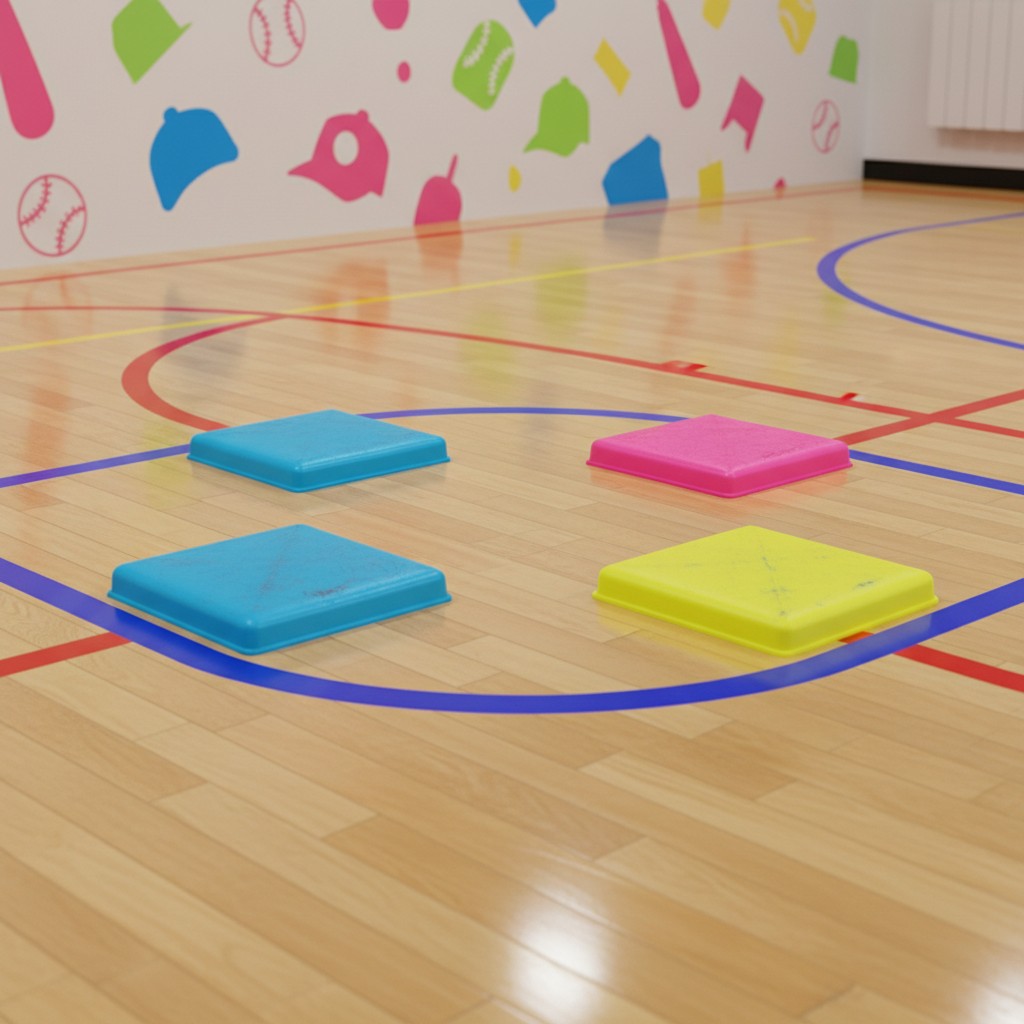 Un'immagine di un pavimento di parquet di un'area di baschet sabbeggiato e colore nella palestra. Le scarpe composte sono ...