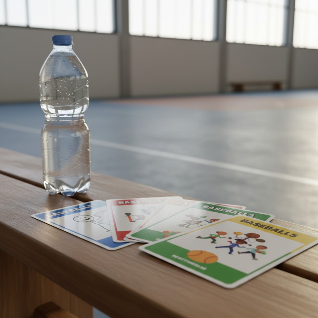 title Il water è ghiacciato al gironzo di atleti di baseball. Sulla sedia è esposta una cartella di carta e quella ha un bottigl...