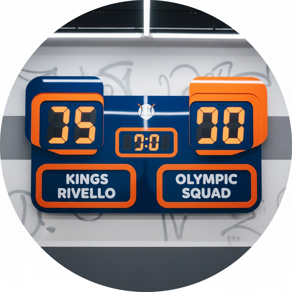 A scoreboard displaying the score of a soccer match between Kings Rivello and Olympic Squad, with Kings Rivello currently ...